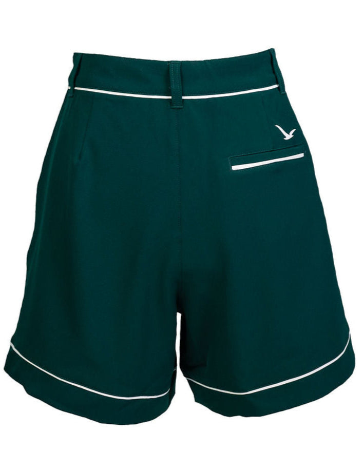 Back view of Stella Tailored Golf Shorts in Evergreen, designed with a structured fit, white piping, and a glove/scorecard pocket with signature bird logo.