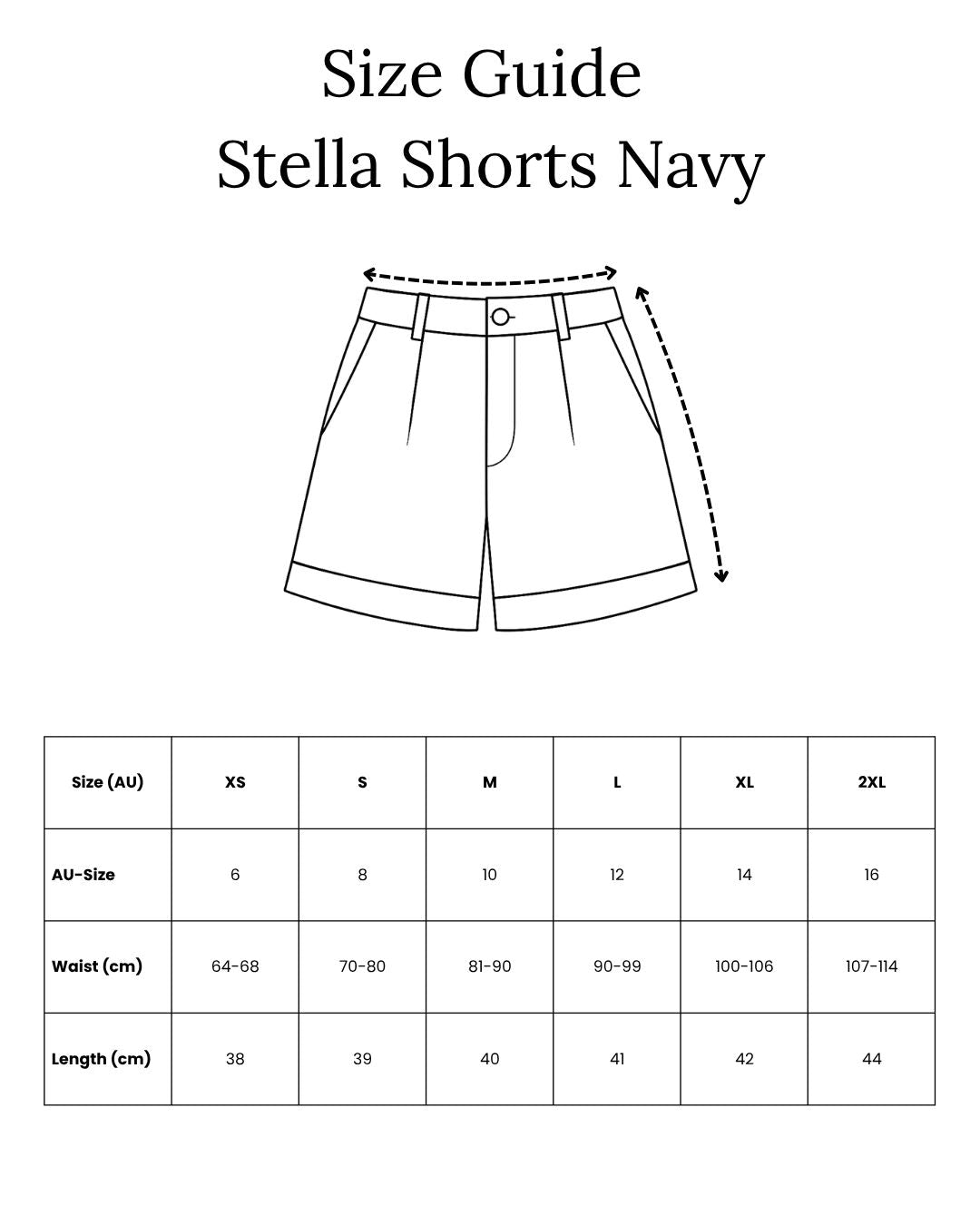 Stells shorts navy size guide