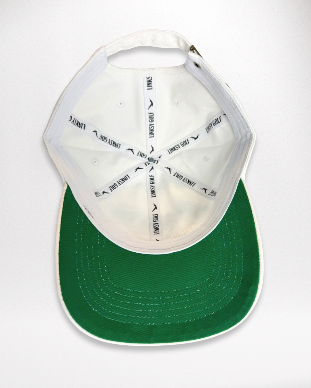 Linksy Golf Little Birdie Cap White inside with green brim on a white background