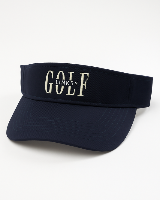 Navy visor with 'GOLF LINKSY' text on a white background