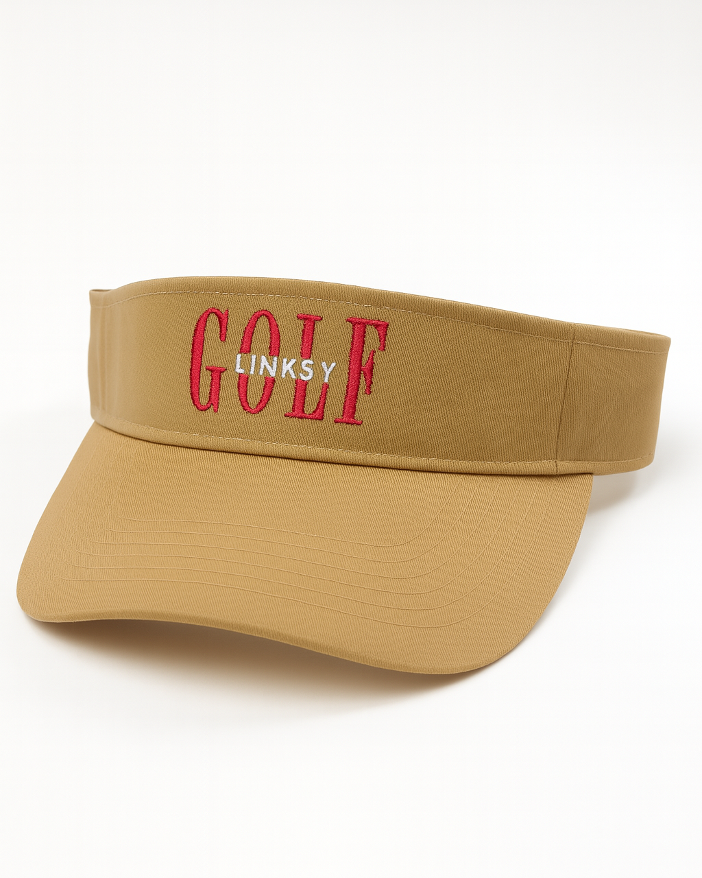 Tan visor with pink text on a white background
