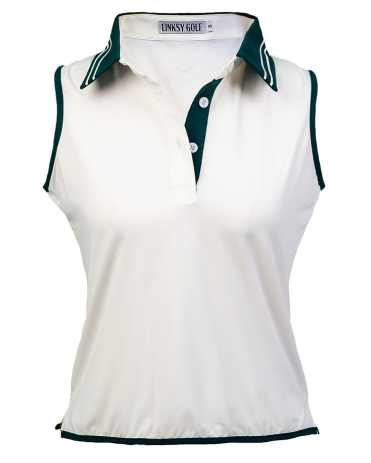 Margie Polo in white with Evergreen accents, a sleeveless golf polo designed for breathability, stretch, and unrestricted movement.