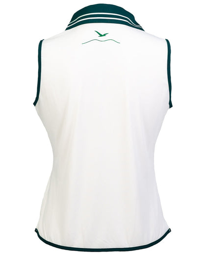 Back view of Margie Polo in white, featuring contrast piping, a structured yet comfortable fit, and Linksy’s signature bird logo at the neck.